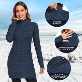 Soneven Women's Thermal Dress Mock Neck Running Fleece Sweatshirts Tunic Dresses with Pockets Winter Outdoor Athletic Quarter Zip Pullover