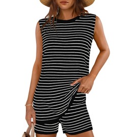 Glamaker Women's 2 Piece Short Sets Summer Lounge Sets Sweater Knit Beach Vacation Matching Sets Travel Outfits, Striped Black, Large