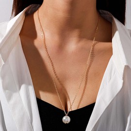 Inateannal Boho Pearl Pendant Necklace Long Pearl Necklace Gold Single Pearl Necklace Dainty Large Pearl Necklace Round Faux Pearl Necklace Jewellery for Women and Girls, Zinc, No Gemstone