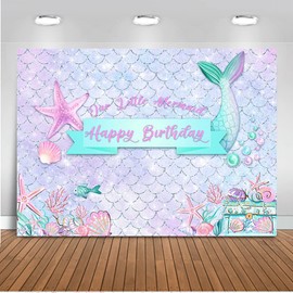 Mocsicka Mermaid Birthday Backdrop Purple Mermaid Glitter Under The Sea Happy Birthday Party Background Decorations for Girls Starfish Shell Seaweed Photography Background (5x3ft)