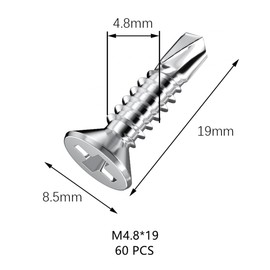 60 PCS Stainless Steel Self Drilling Self Tapping Metal Screws for Iron Sheets, Furniture, Steel Tiles (M4.8 * 19mm)