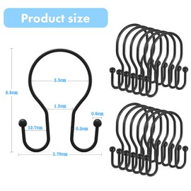 TELAIN Shower Curtain Hooks, Black, Premium Metal, Double-Sided, Rustproof and Smooth, Pack of 12 Curtain Rings for Bathroom and More