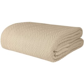Threadmill 100% Pure Cotton, Luxury Twin Size Beige Blanket - Herringbone Pattern, Lightweight, Soft & Cozy Premium Fall Throw Blanket for All Seasons, 350GSM & 68x92 with Free Tote Bag