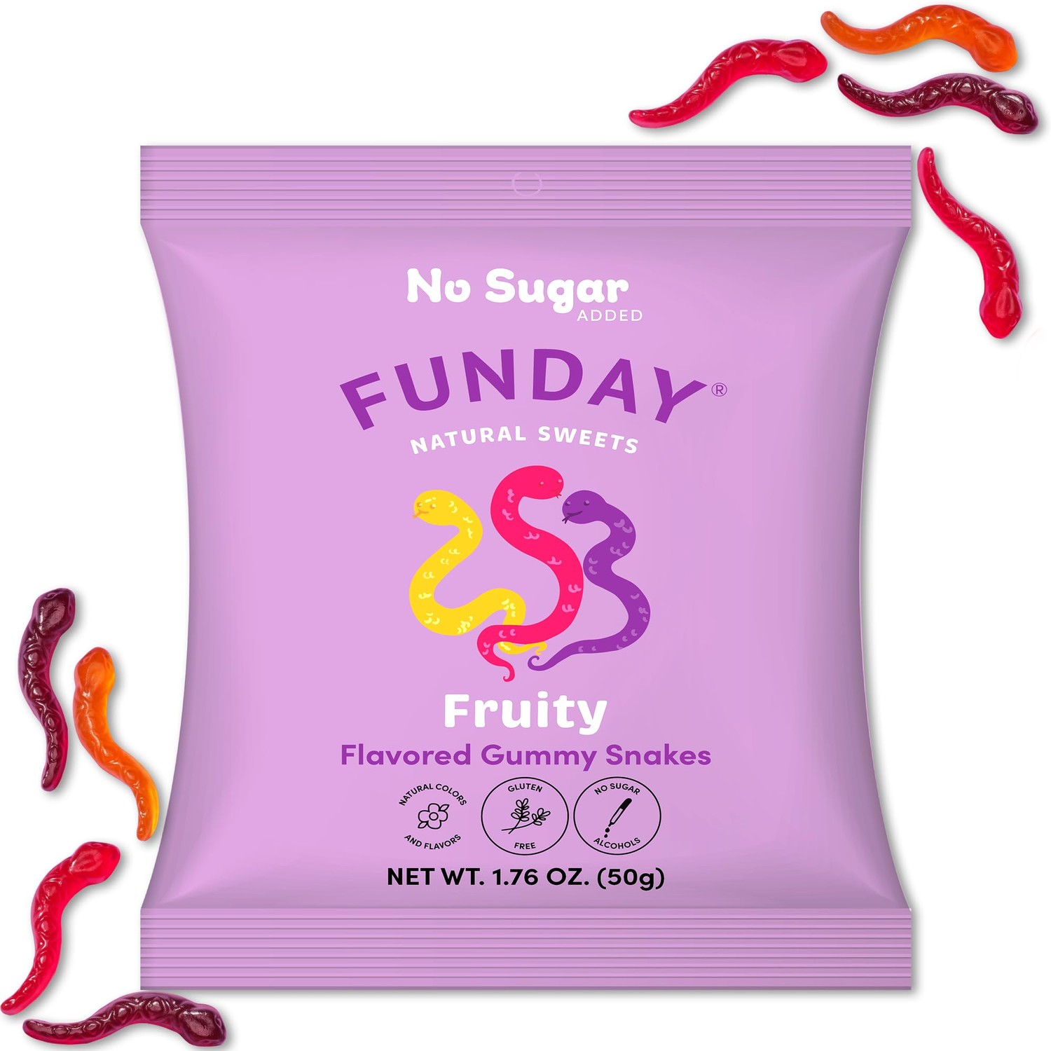 FUNDAY Fruity Gummy Snakes – 12 x 50g Bags – No Sugar Added – Gluten ...