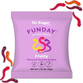 FUNDAY Fruity Gummy Snakes – 12 x 50g Bags – No Sugar Added – Gluten-Free Candy – Passionfruit, Raspberry & Blackcurrant Flavored Gummies