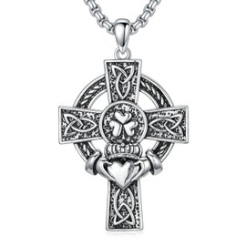 Cargari Cross Necklace for Men Women 925 Sterling Silver Celtic Knot Cross Pendant Claddagh Necklace Irish Necklace Jewelry with Clover Valentines Day Gifts for Husband Wife Girlfriend Boyfriend