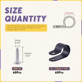 Swpeet 60 Pack Black 1/2 Inch Nylon Plastic R-Type Cable Clips Clamp Kit, Nylon Screw Mounting Cord Fastener Clips with 60 Pack Screws for Wire Management