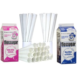 Perfectware 2 Pack Cotton Candy Floss Sugar with 100 Count Paper Cotton Candy Cones. Pink Vanilla and Blue Raspberry. (Two 3.25 lb Containers w/100 Cotton Candy Cones)