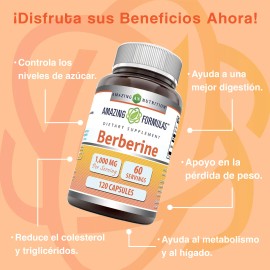 Amazing Nutrition Amazing Formulas Berberina 1000mg 120 Cápsulas Suplemento Control De Azúcar En La Sangre Apoyo Cardiovascular Mejora La Salud Intestinal y Antioxidante Natural