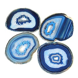 JIC Gem Extra Blue 4-5" Dyed Color Natural Agate Coasters Polished Geode Stone Coasters Agate Slices Set of 4 with Protective Rubber Bumper Home Decorative