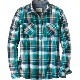 Legendary Whitetails Women's Cottage Escape Flannel Long Sleeve Plaid and Solid Color Clothes for Women, Fitted Button Down, Turquoise Pacific Plaid, Large