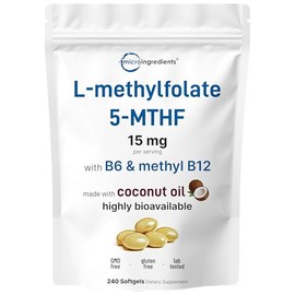 Micro Ingredients L Methylfolate 15mg, 240 Softgels | Active 5-MTHF with B6 & Methyl B12 | Methylated Vitamin B9 with Coconut Oil