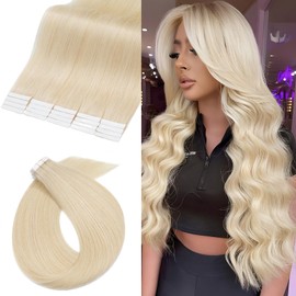 UK-Fashion-Shop Tape in Hair Extensions Human Hair Real Hair Exension Remy 20 Pieces 50g Straight Skin Weft Seamless (#60 Platinum Blonde 16 Inch)
