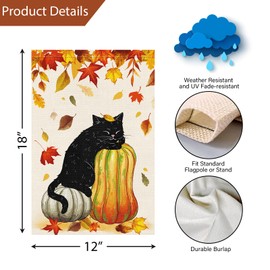 Louise Maelys Fall Black Cat Garden Flag 12x18 Double Sided, Small Burlap Welcome Autumn Pumpkin Garden Flag Fall Thanksgiving Outside Outdoor House Yard Decoration (ONLY FLAG)
