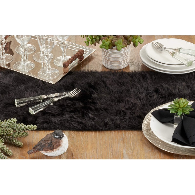 Faux Fur Design Table Runner, 15"x36", Black