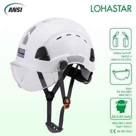 Hard Hats Construction Safety Helmet, LOHASTAR Adjustable Vented Work Helmet ANSI Z89.1 Approved OSHA Hard Hat for Industrial Construction(A3 White Clear)