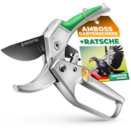 GRÜNTEK Anvil Kondor Secateurs 200 mm, Automatically Switched Ratchet, Diameter 20 mm, SK5 Blade, Aluminium Handles with PVC Coating, incl. Oil sponge and sharpener.