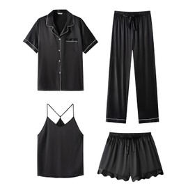 SAPJON Silk Pajamas for Women Set 4Pcs Ruffled Satin Pajamas Set Button Down Short Sleeve Cami Shorts Sleepwear Pj Set Black