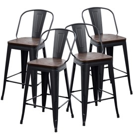 Yongqiang Metal Barstools Set of 4 High Back Bar Stools Dining Bar Chairs Counter High Bar Stools with Back Wooden Seat 24" Matte Black