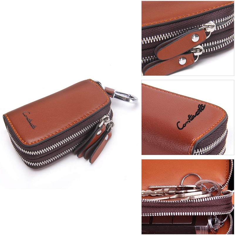Contacts Genuine Leather Car Key Case Holder Double Zipper Keychain