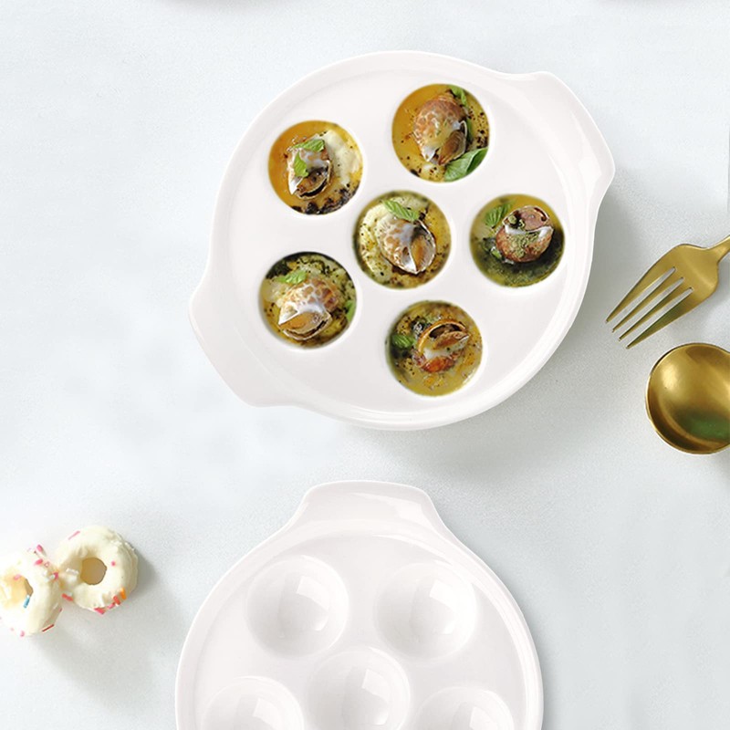Okllen 4 Pack Ceramic Escargot Plates with 6 Holes and