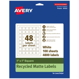 Avery EcoFriendly Matte White Recycled Square Labels, 1" x 1", Print-to-The-Edge, Matte White Labels, Permanent Label Adhesive, Laser/Inkjet, 4,800 Printable Labels