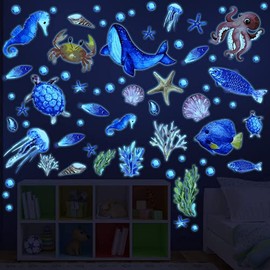 97 piezas Brillan en la oscuridad Mar pared Calcomanía Pegatinas Oceano pared Calcomanías Impermeable Retirable Brillante Pegatina por Niños Cuarto Decoración (Azul)