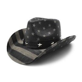 FLUFFY SENSE. Vintage USA American Flag Cowboy Hat Classic Tea Stained Patriotic Western Cowboy Cowgirl Hat with Shapable Brim, Vintage Black and White