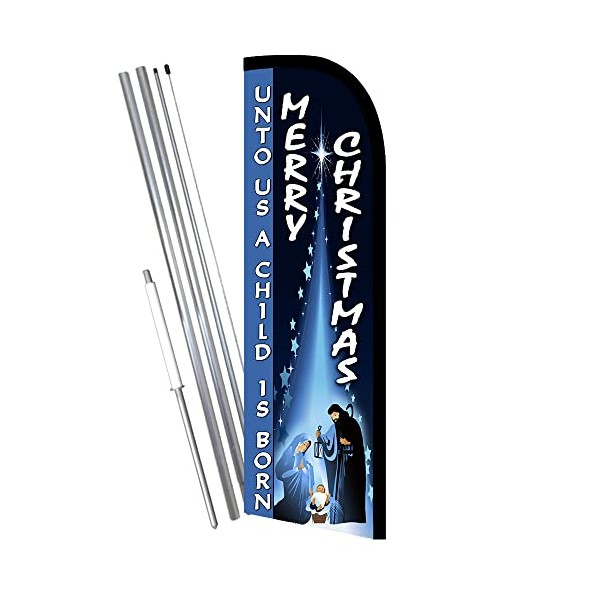 Merry Christmas (Unto Us.) Windless Feather Flag Bundle (11.5' Tall