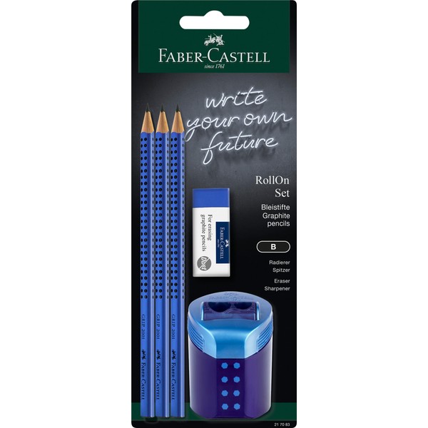 Faber-Castell Grip 2001 217083 Pencil Set with Eraser, RollOn Pencil Case and 3 Pencils, Writing Set Blue