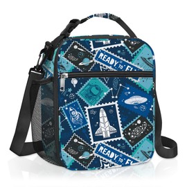 Clastyle Aircraft Insulated Kids Lunch Bag Large Thermal Cooler Bag for Boy Picnic School Lunch Box Tote,Space Stamp