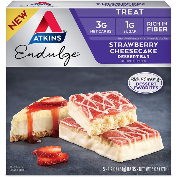 Atkins Endulge Treat Strawberry Cheesecake Dessert Bar. (5 Bars), 6 Ounce
