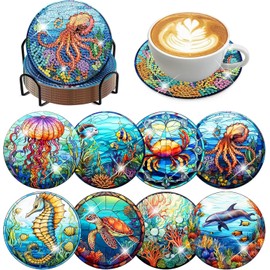 Diamond Art Coasters-8 PCS Ocean Diamond Painting Coasters Kits with Holder, DIY Sea Coaster Kit for Adults Craft Supplies Gift