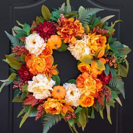 Fall Wreaths for Front Door 24 Inch Fall Door Wreath with Pumpkins, Maple Leaves & Peonies – Autumn Wreath for Outside Front Door, Porch, Farmhouse, or Thanksgiving Decor