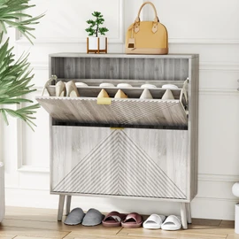 oakvivo Shoe Cabinet with 2 Flip Drawers, 31.5" Hidden Shoes Storage Cabinet with Fluted Panel, Freestanding Shoe Cabinet Organizer with Wooden Legs, Adjustable Shelves, Narrow Shoe Rack Cabinet, Grey