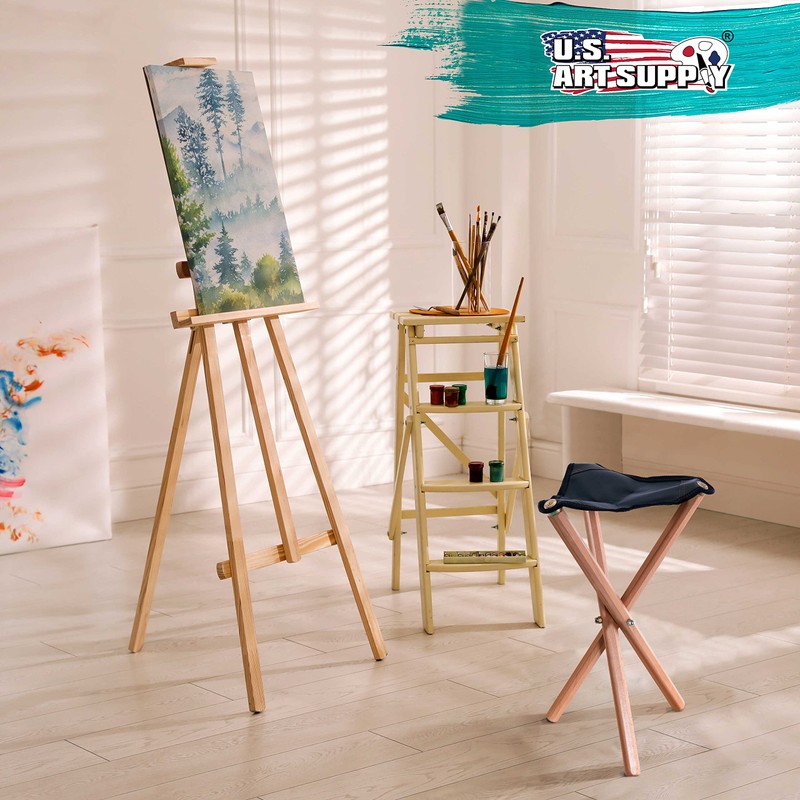 US Art Supply Portable Three Leg Wood Artist Folding Stool