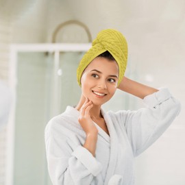 FAB-ON UK Hair Dry Towel Turban Style 100% Cotton Instant Drying Quick Absorbent Lightweight Button & Loop Closure One Size Hair Dry Cap For Curly Long Hair 60x20 CM