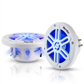 6.5" 350W Marine Speakers - IP66 Waterproof Coaxial Audio, with Blue LED Light for Boats, ATVs, UTVs with UV Resistant White Grille (A Pair)