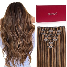 7Pcs Clip in Hair Extensions Real Human Hair, 22 Inch 120g P4/27 Chocolate Brown Highlights Honey Blonde Soft Real Human Hair Extensions Clip ins, Double Weft Hair Extensions Real Human Hair for Women