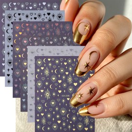 6 Sheets Heart Star Nail Stickers 3D Self-Adhesive Nail Decals White Black Silver Gold Star Sun Moon Nail Art Stickers Design Manicure Decoration Supplies Accessories for Women