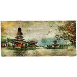Ambesonne Gouache Pencil Pen Holder, Balinese Architecture Far Eastern History Nature Painting, Ceramic Pencil Holder for Desk Office Accessory, 3.6" X 3.2", Dusk Pale Khaki