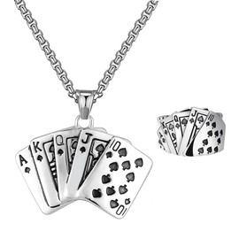 Liitata Set of 2 Playing Card Pendant Necklace Rings Set of Spades Royal Flush Necklace Chunky Poker Card Ring Rock Gothic Punk Hip Hop Chain for Men