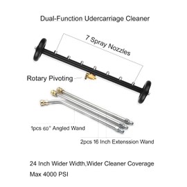 QCHENYI 2-in-1 24" Dual-Function Undercarriage Pressure Washer Cleaner, Surface Cleaner for Power Pressure Washer Attachment， Underbody Car Wash Water Broom with 3 Pieces Extension Wand, 4000 PSI