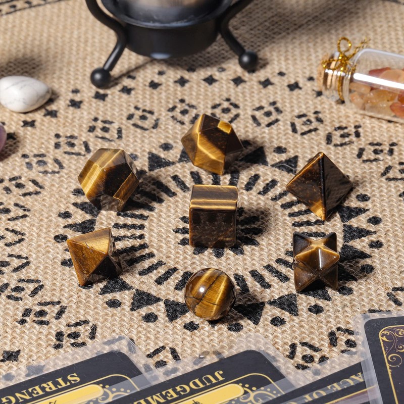 Nupuyai Tiger's Eye Crystal Stone Platonic Solids Sacred Geometry Set,