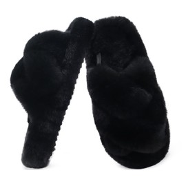 COFACE Women's Fluff Slippers Open Toe Fuzzy Faux Fur Ladies House Fashion Cross Band Platform Slide Shoes with Comfort Arch Support, Indoor Outdoor Sole, Black Size 8