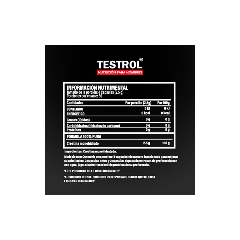 Testrol Creatina Essential Creatina Monohidratada Apoyo a Potencia, Resistencia y