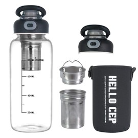 CHPINDAM 34oz Glass Water Bottle - Large Capacity drinking bottles, With Time Mark, Stainless Steel Tea Strainer,Sleeve, BPA Free,For hot or cold drinks, coffee, tea and water