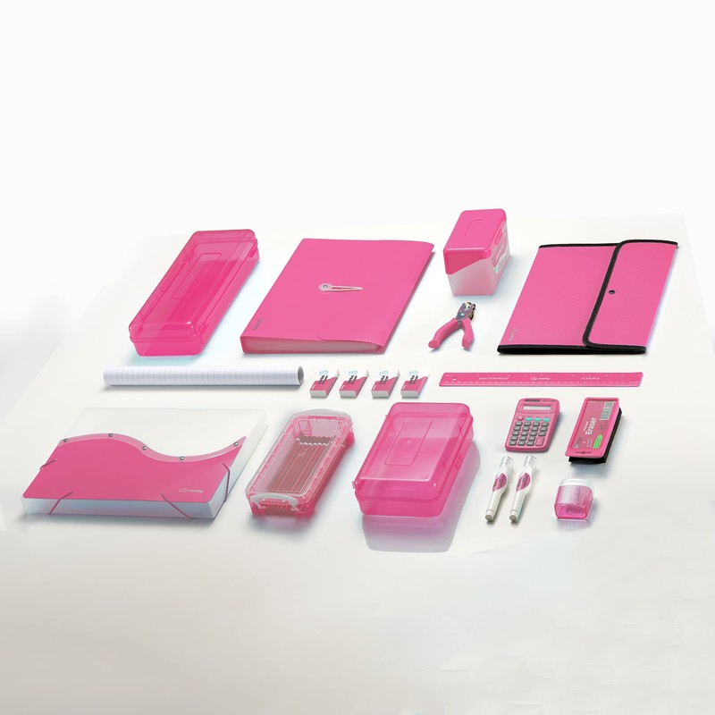 Enday Pencil Box Pink, Large Capacity Plastic Double Deck Box