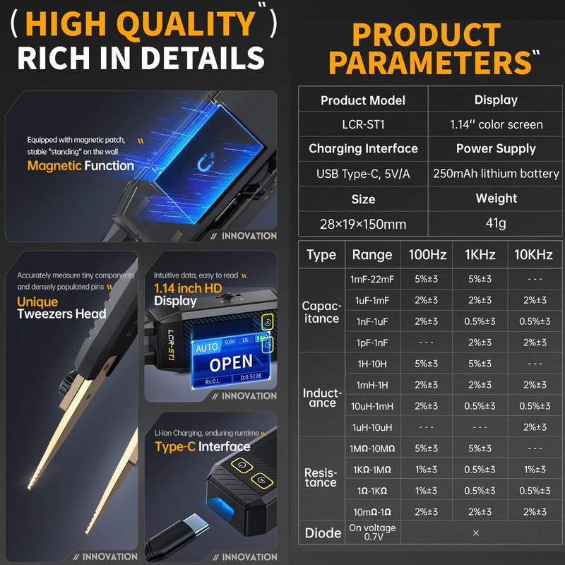 LCR Measuring Tweezers 10 kHz, LCR-ST1 Intelligent SMD Mini Tester,