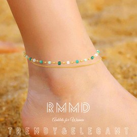 RMMD Gold Anklets for Women - Women's Anklets Gold Beaded Anklet Adjustable Summer Boho Beach Accessories Foot jewellery for Women Girls